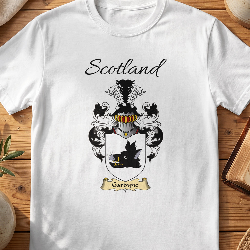 White Gardyne Scottish family shield T-shirt featuring a black boar head on white
