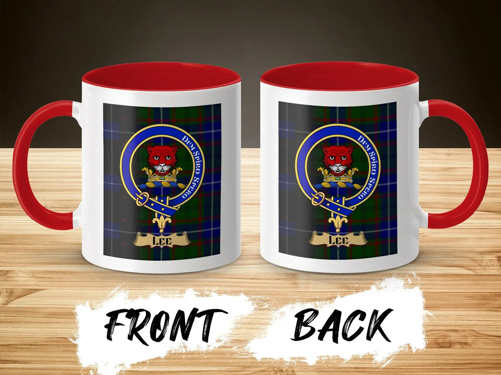Lee tartan-background crest mug shown as a Scottish heritage gift