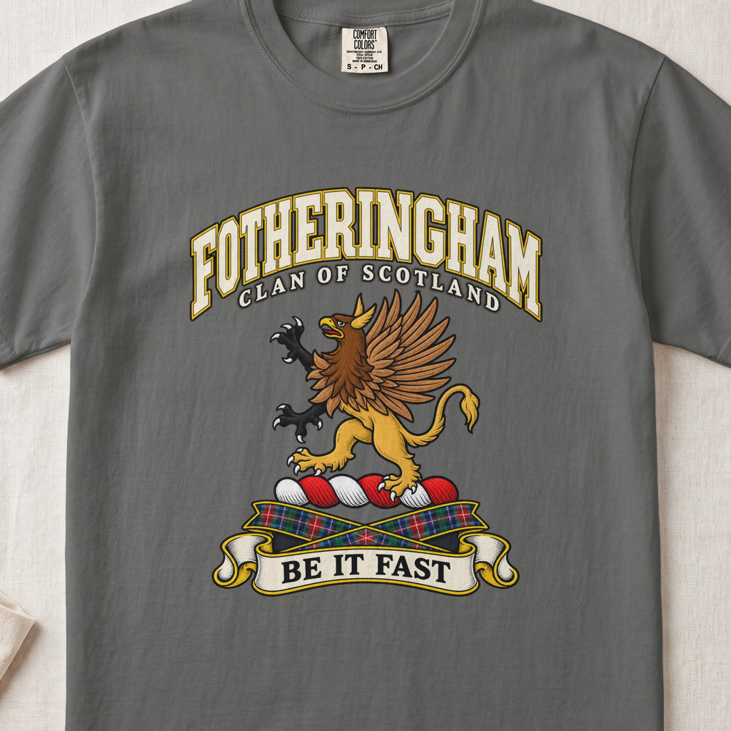 Fotheringham Scottish clan T-shirt in Pepper, front view with a brown and gold winged griffin and motto banner.