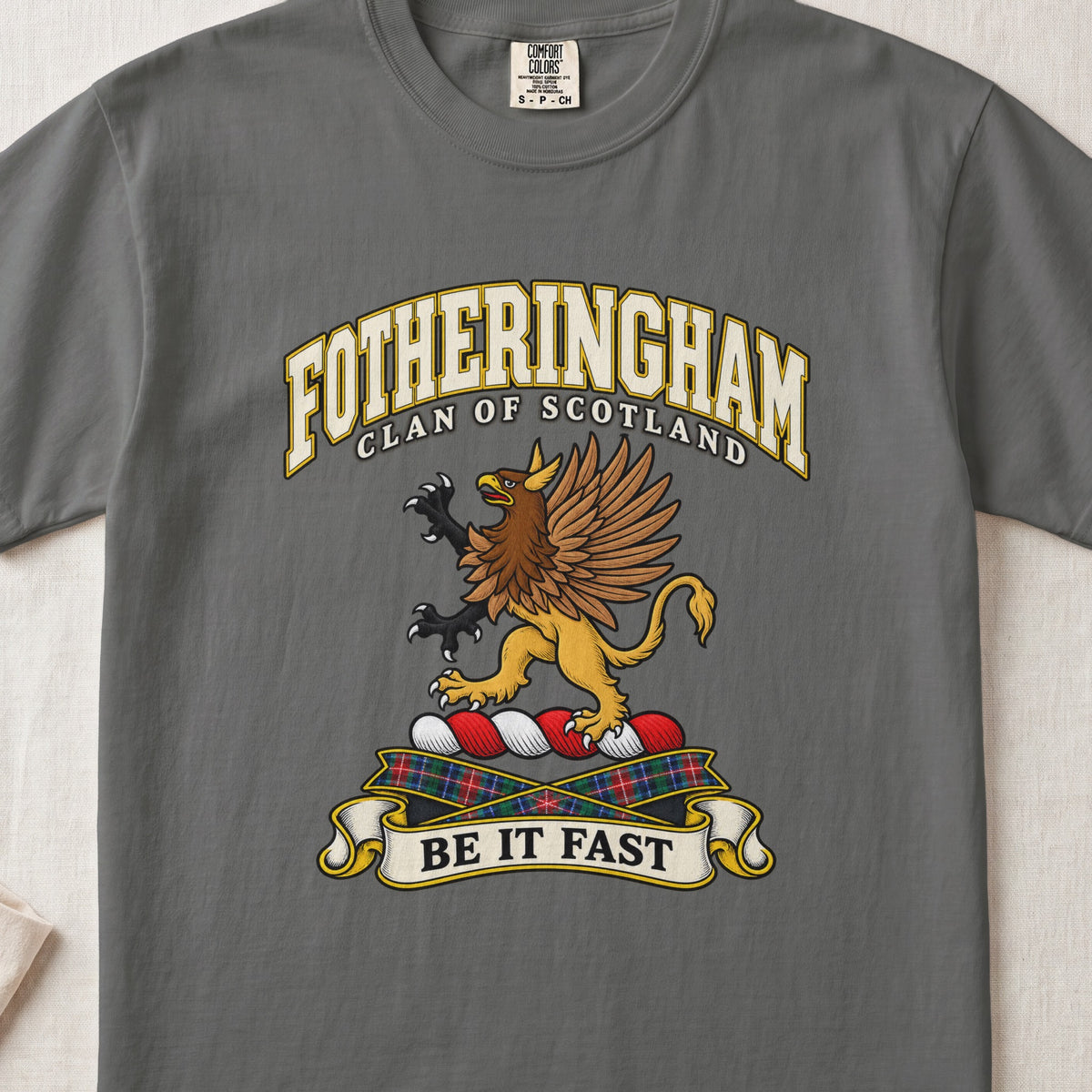 Fotheringham Scottish clan T-shirt in Pepper, front view with a brown and gold winged griffin and motto banner.