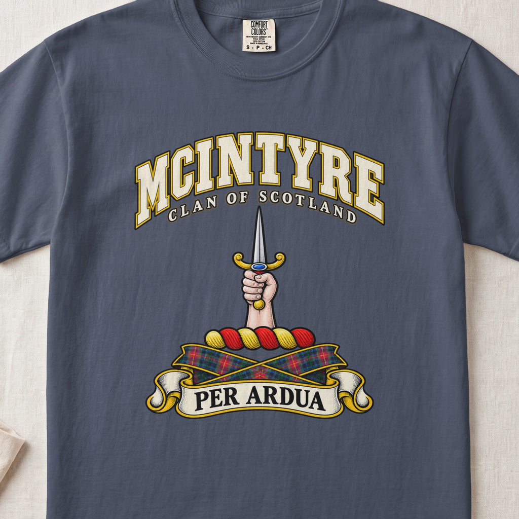 McIntyre Scottish clan T-shirt in Midnight, front view with a hand holding an upright dagger and motto banner.
