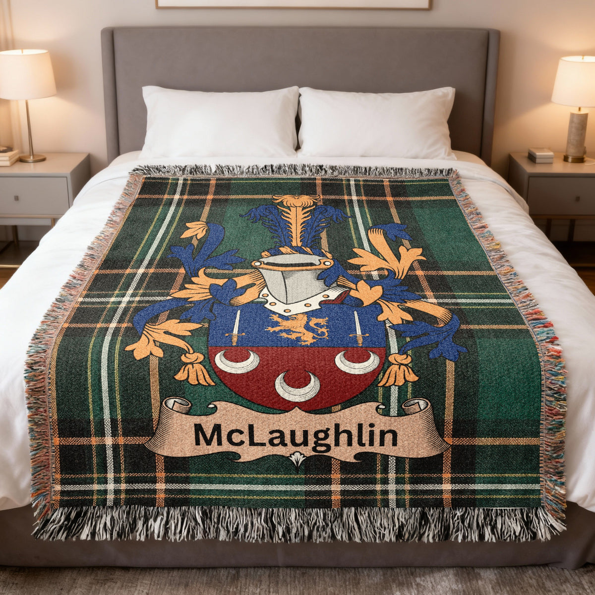 McLaughlin Irish heritage woven blanket with family crest emblem