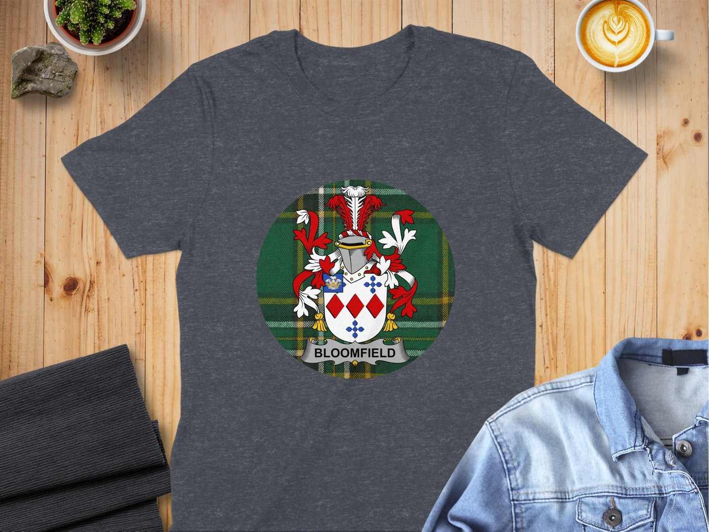 Bloomfield Family Crest Tartan Background T-Shirt - Living Stone Gifts