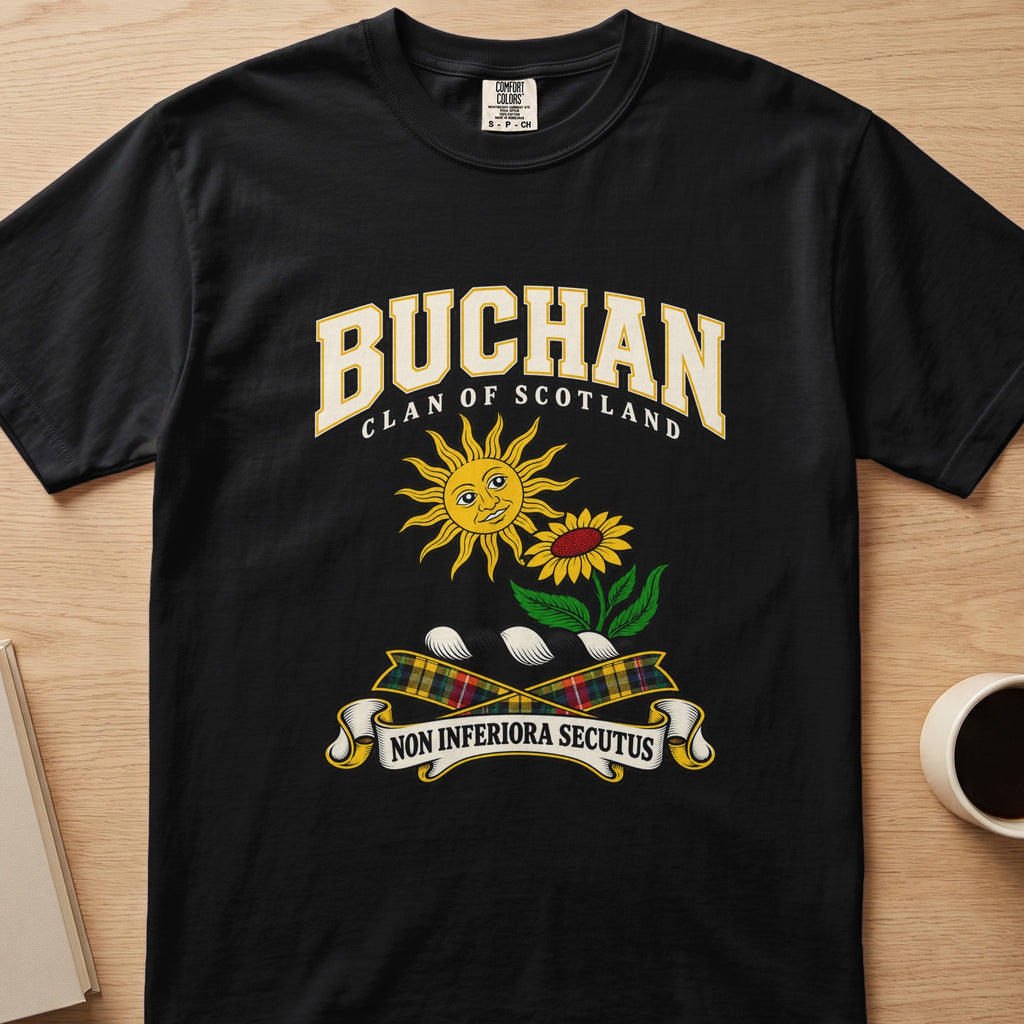 Buchan clan crest with sun and flower on a black Comfort Colors T-shirt, front view