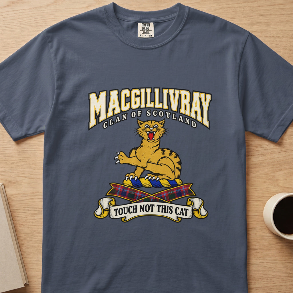 MacGillivray clan crest with gold striped cat on a slate blue Comfort Colors T-shirt, front view