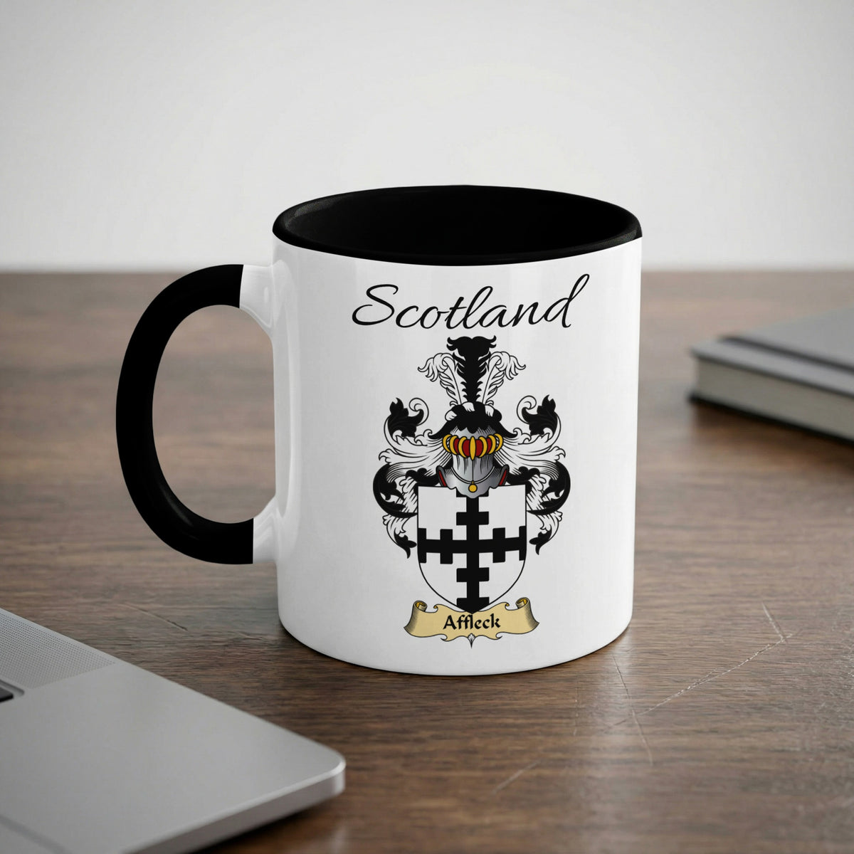 Affleck Scottish family crest accent mug with Scotland lettering and coat of arms artwork