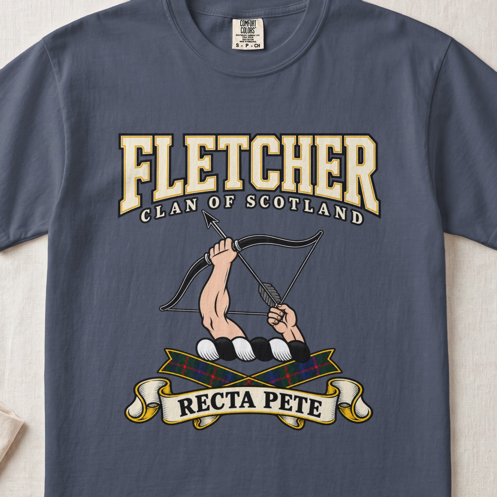 Fletcher Scottish clan graphic T-shirt in Midnight, front view