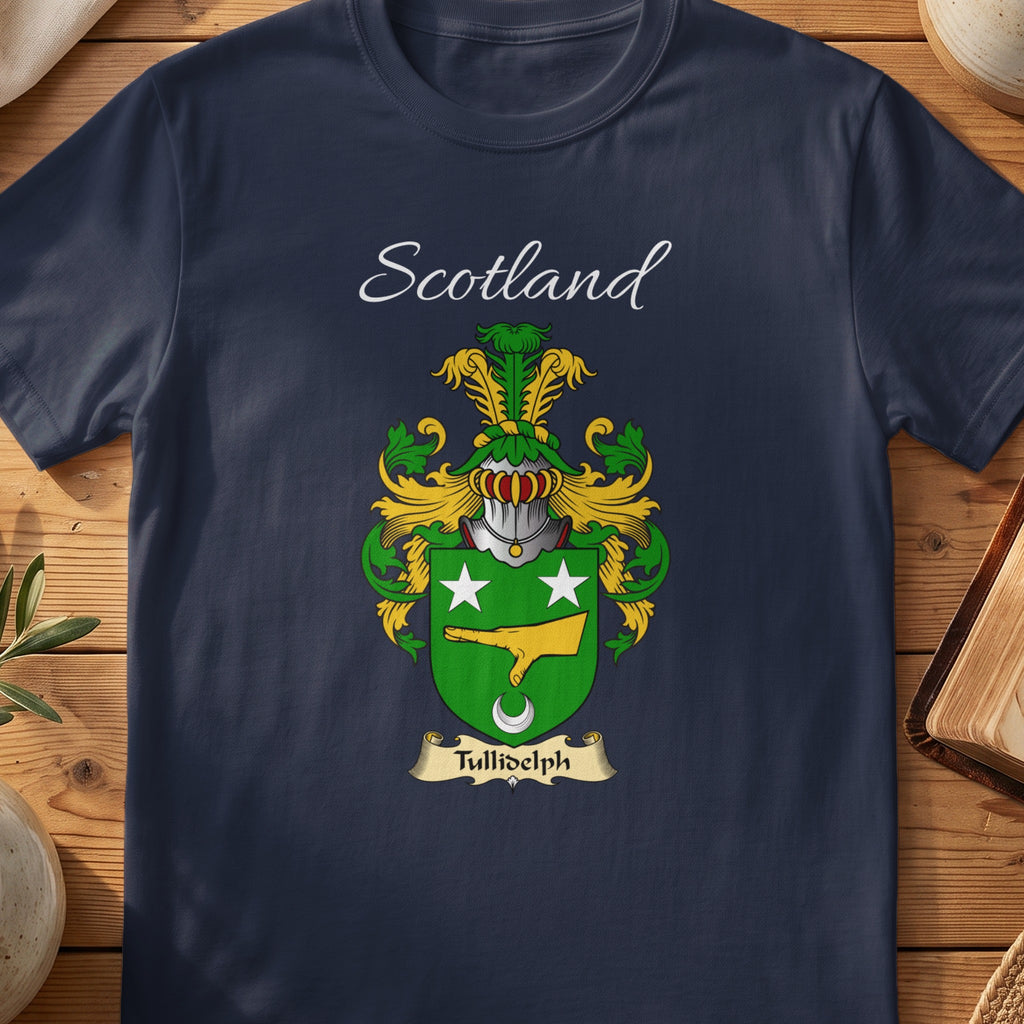 Navy Tullidelph heritage T-shirt laid flat with “Scotland” and the colourful family shield design.