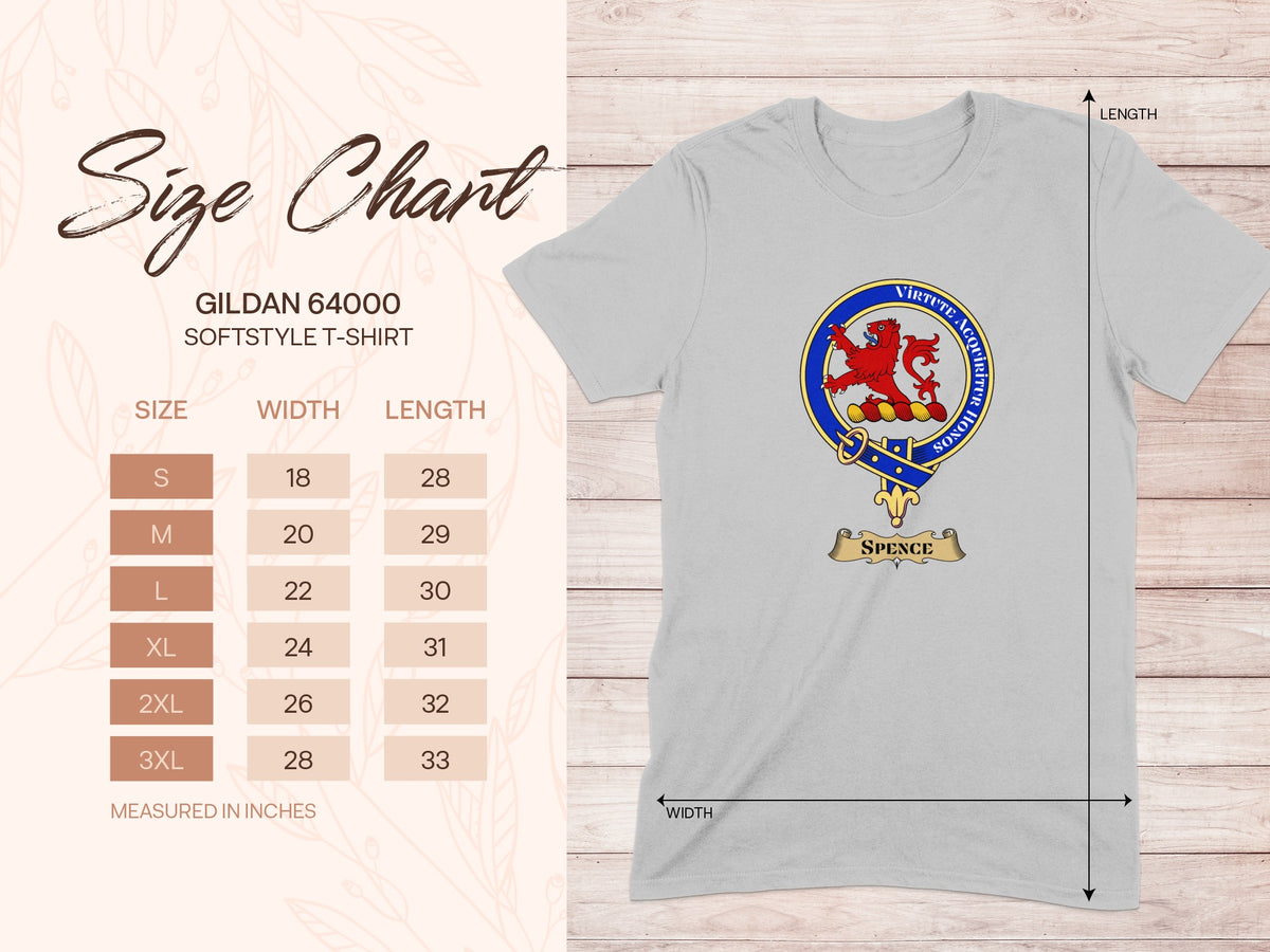 Gildan 64000 size chart for Spence Scottish clan crest T-shirt