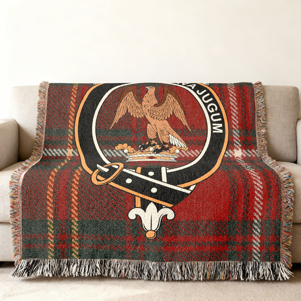 Hay clan tartan woven blanket with crest detail on fringe-edged cotton