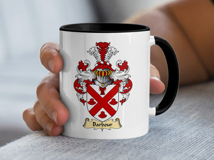 White mug with black interior displaying the Barbour family crest.