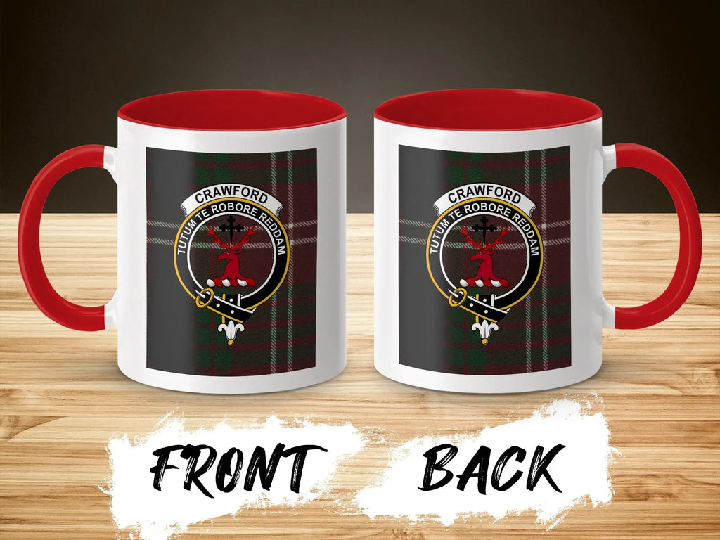 Crawford Tutum Te Robore Reddam accent mug — stag crest on glossy ceramic, navy handle