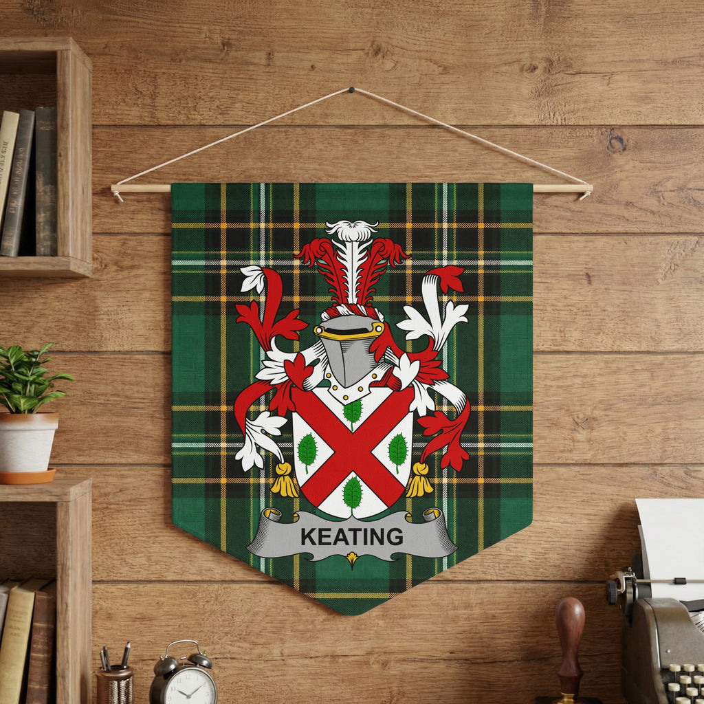 Keating family crest pennant on the Irish National Tartan hanging on a wooden wall