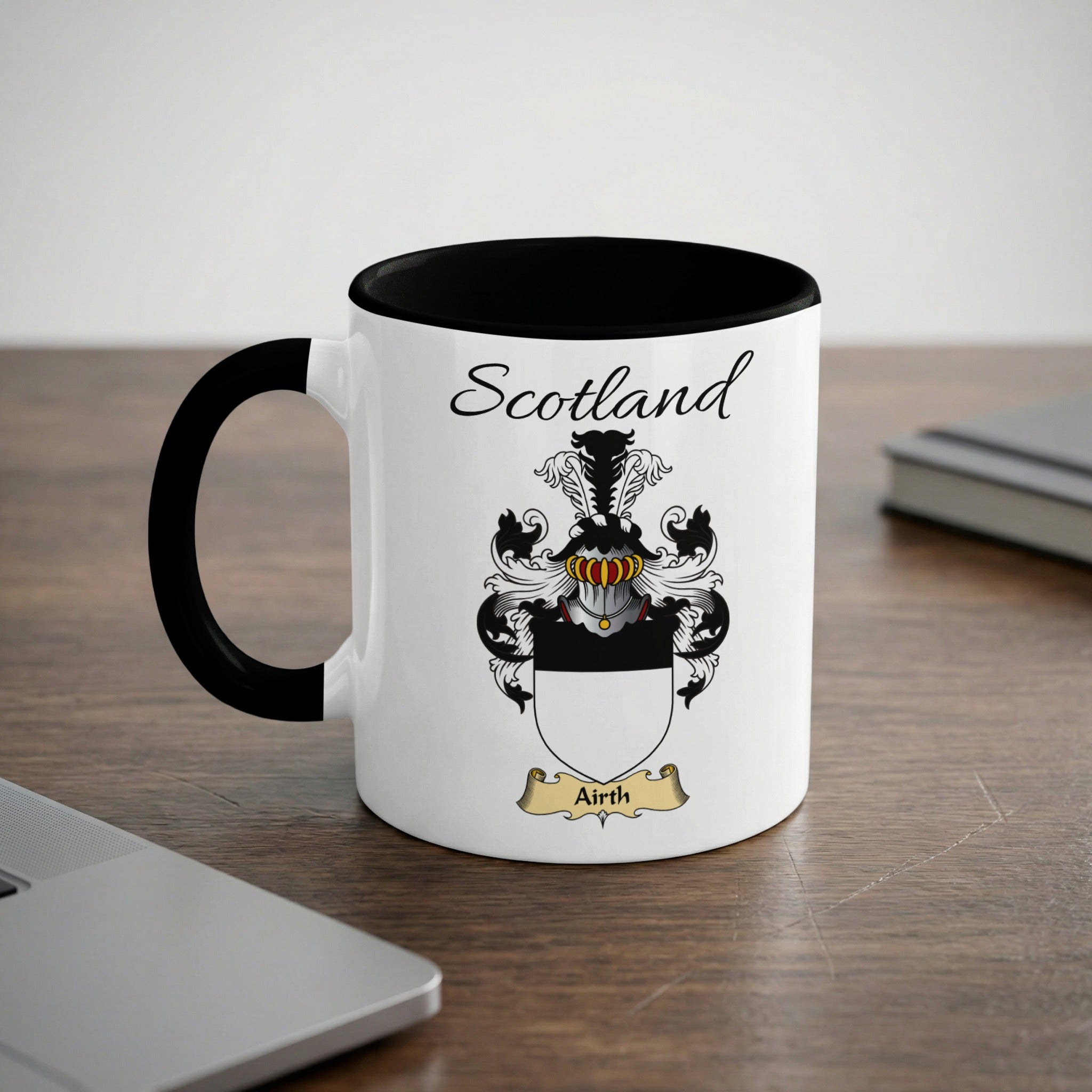 Airth Scottish family crest accent mug with Scotland lettering and coat of arms artwork