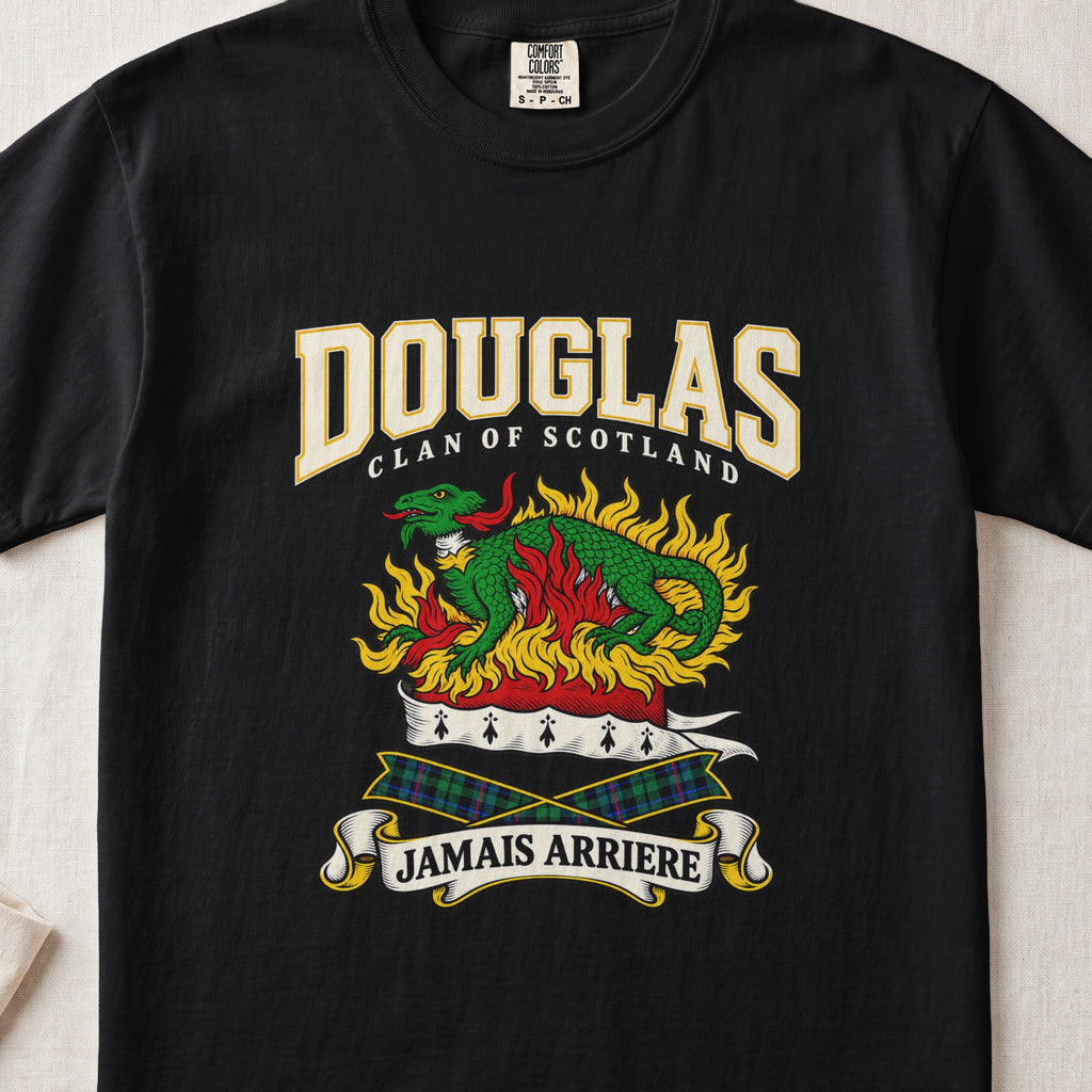 Douglas graphic T-shirt in Black, front flat lay showing varsity lettering and green salamander amid gold and red flames.