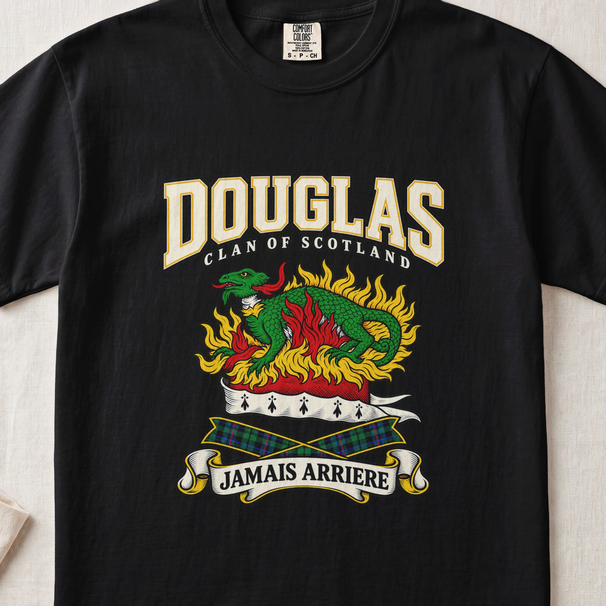 Douglas graphic T-shirt in Black, front flat lay showing varsity lettering and green salamander amid gold and red flames.
