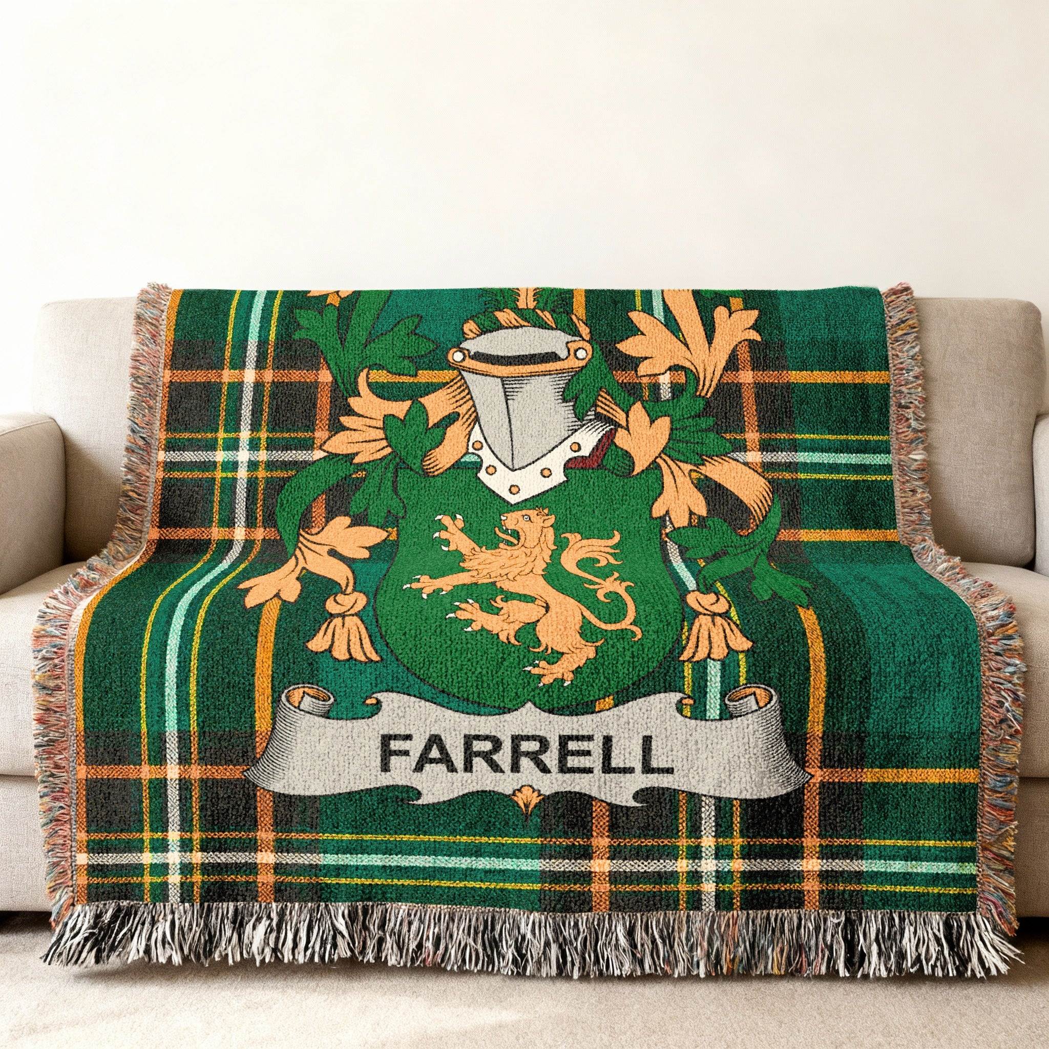Farrell Clan Name Crest Green Tartan Blanket product type