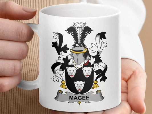 Magee Surname Irish Family Crested Shield Mug - Celtic Ancestry Gifts