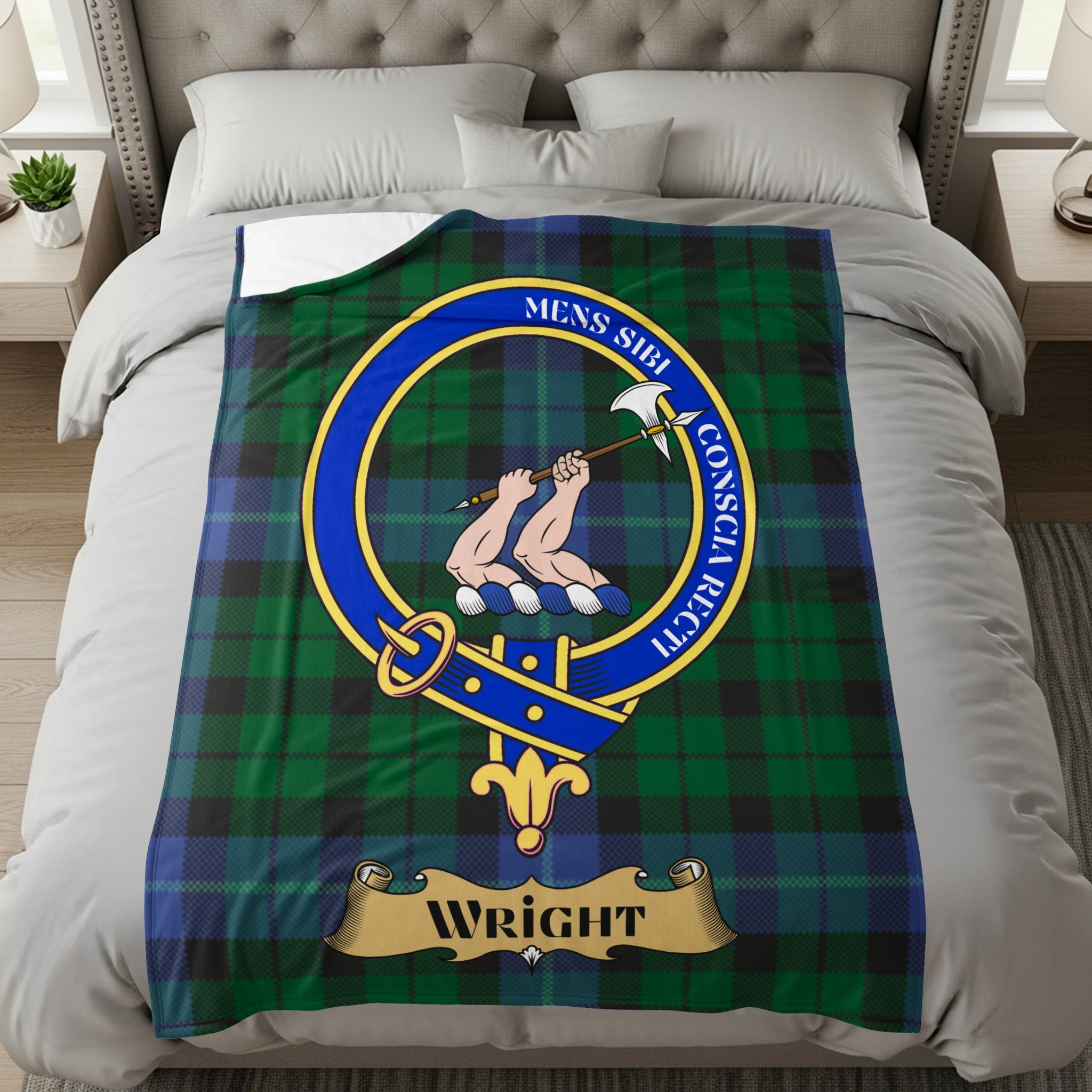Wright clan crest and name on blue and green tartan throw