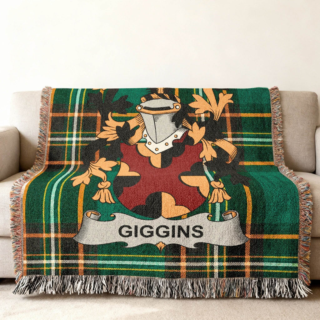 Green plaid blanket featuring the GIGGINS family crest.