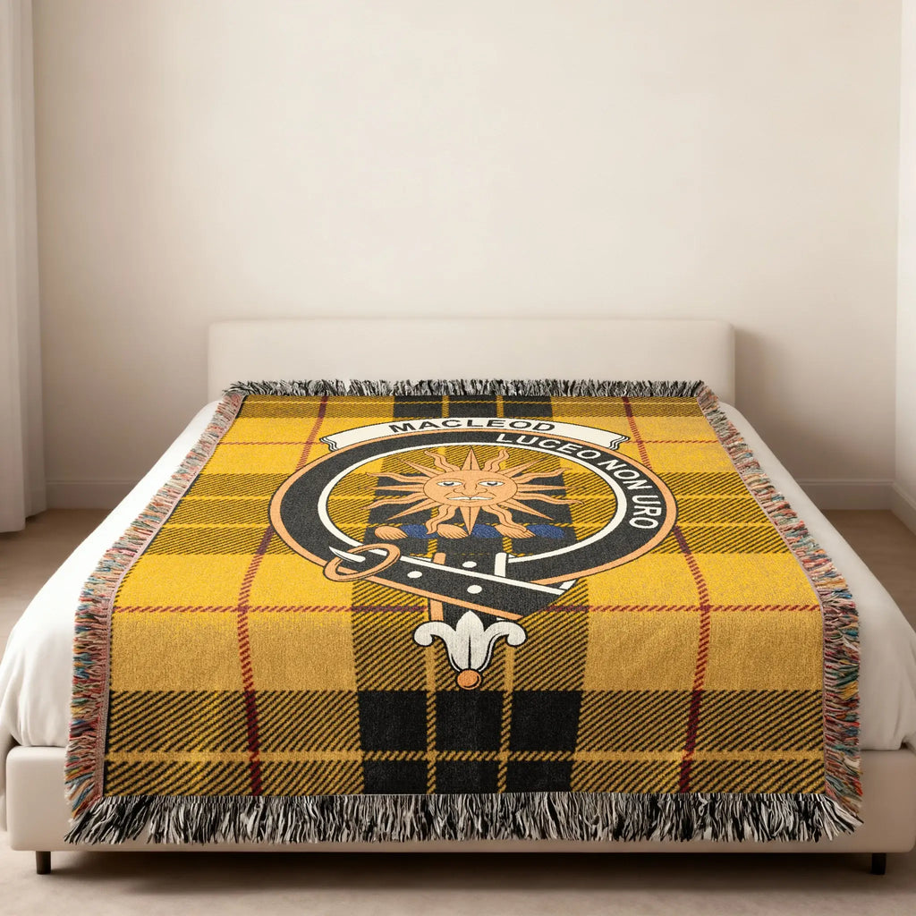 MacLeod of Lewis Luceo Non Uro tartan woven blanket — 100% cotton with clan crest