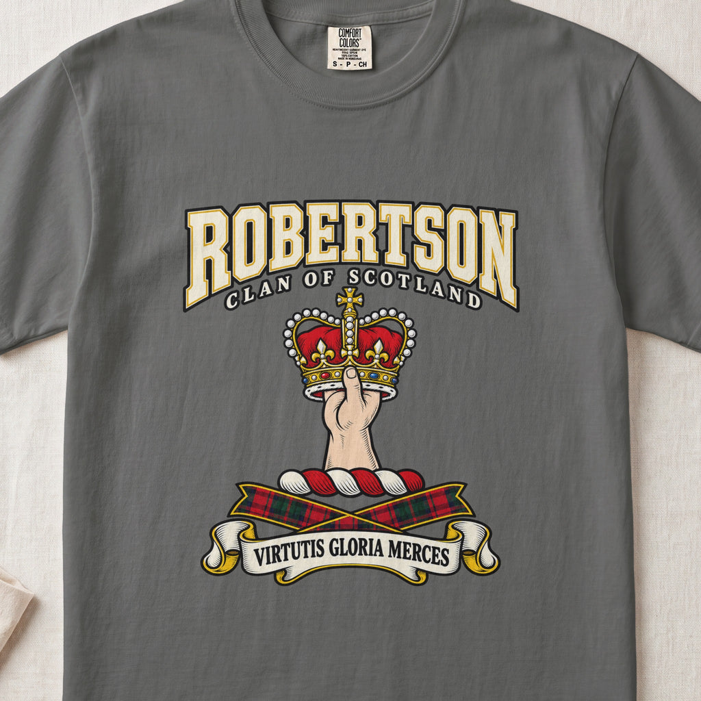 Robertson graphic T-shirt in Pepper gray, front flat lay showing varsity lettering and hand and forearm holding a red and gold crown.
