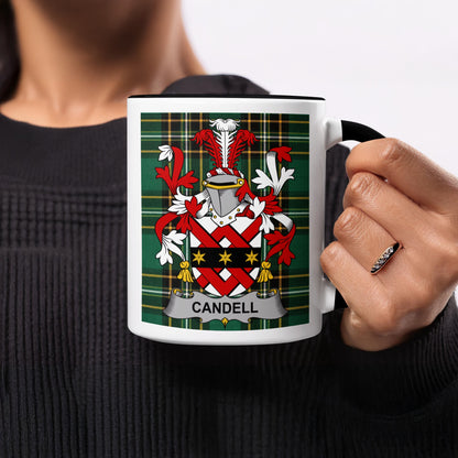 Mug with Candell family crest on green plaid background.