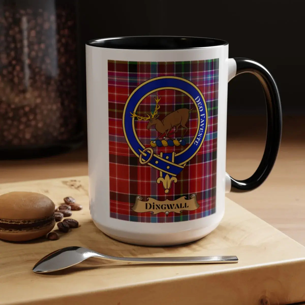 Close-up of the Dingwall clan crest printed on a ceramic mug