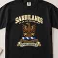 Sandilands Scottish clan T-shirt in Black, front view with a brown eagle with spread wings and motto design.