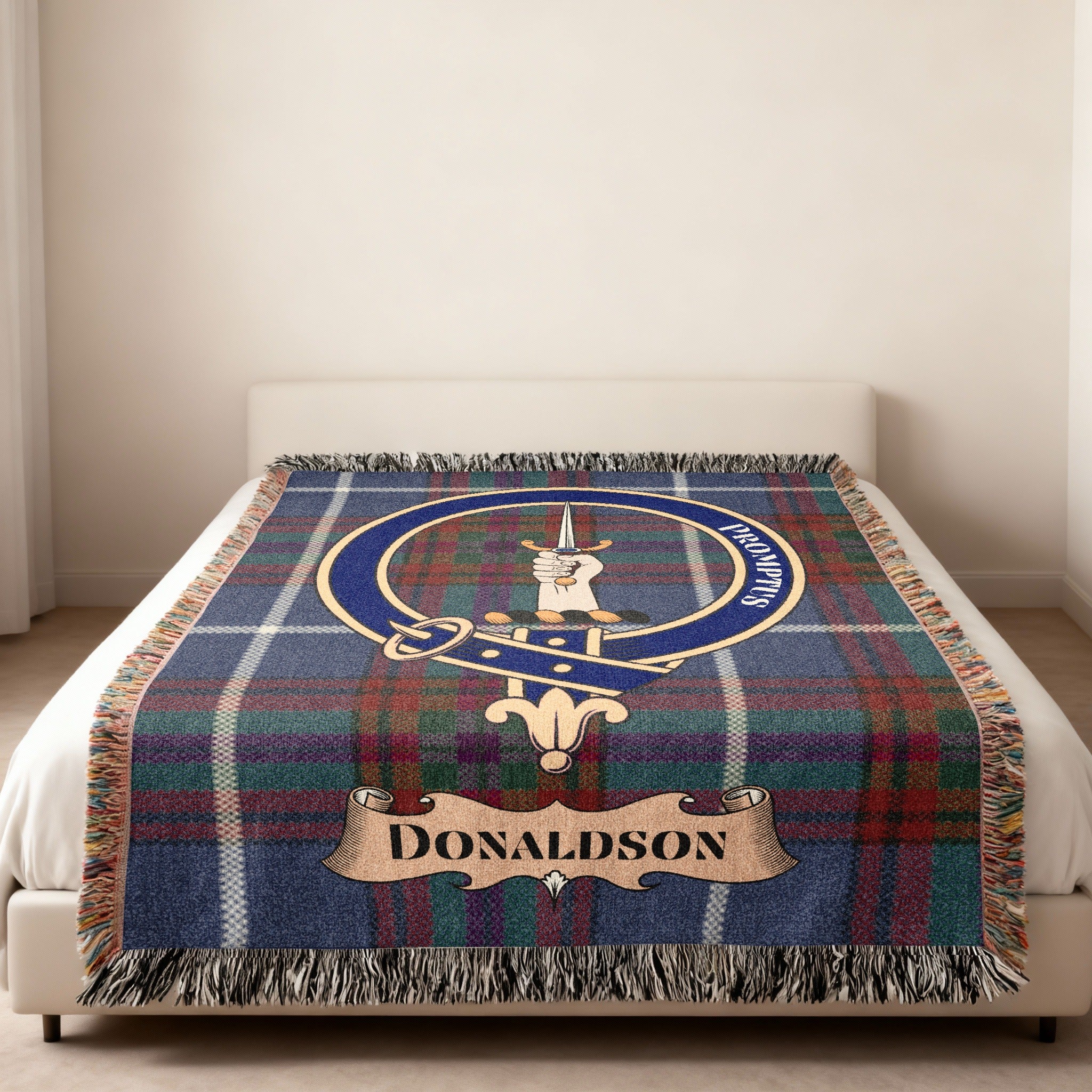 Donaldson family crest and motto woven into tartan blanket — close-up