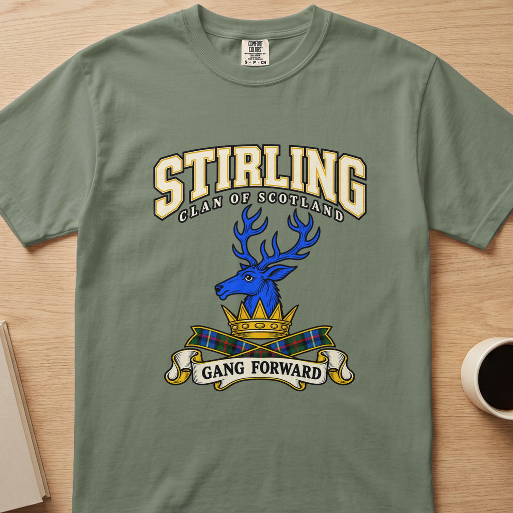 Stirling clan T-shirt in sage green, front view with blue stag head above a gold crown