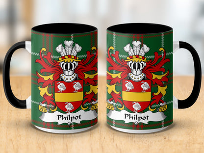 Philpot Surname Coat of Arms on National Tartan Mug - Living Stone Gifts