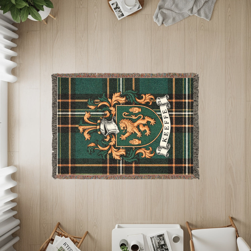 Close-up of Keeffe family crest design on Irish National Tartan heirloom woven blanket