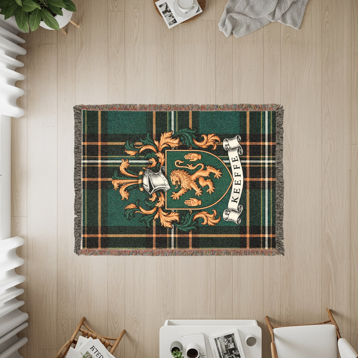 Close-up of Keeffe family crest design on Irish National Tartan heirloom woven blanket