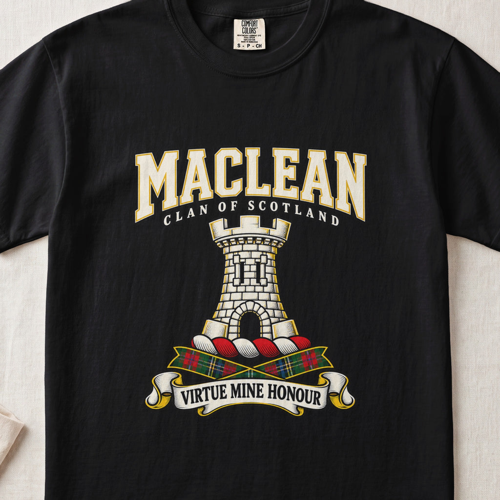 MacLean graphic T-shirt in Black, front flat lay showing varsity lettering and white stone tower with black arched entrance.