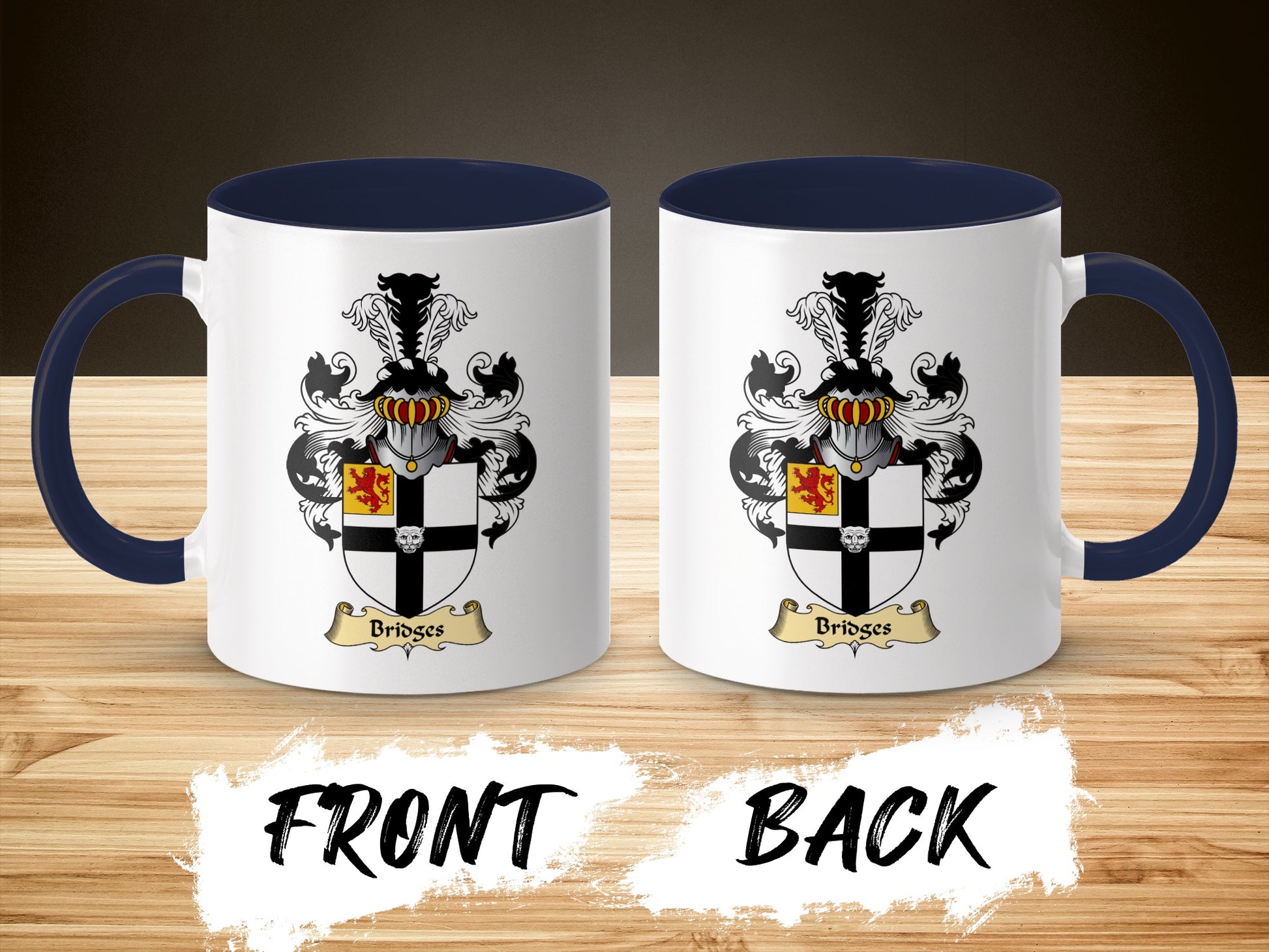 White mug with navy handle and interior, featuring the Bridges family crest on both sides.