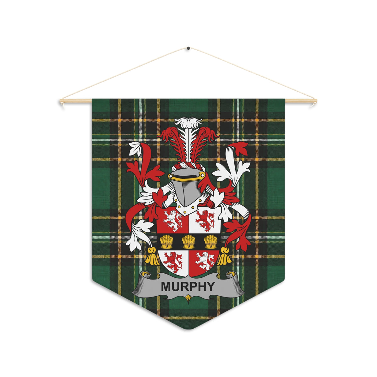 Murphy family crest on a green tartan pennant hanging from a wooden dowel.