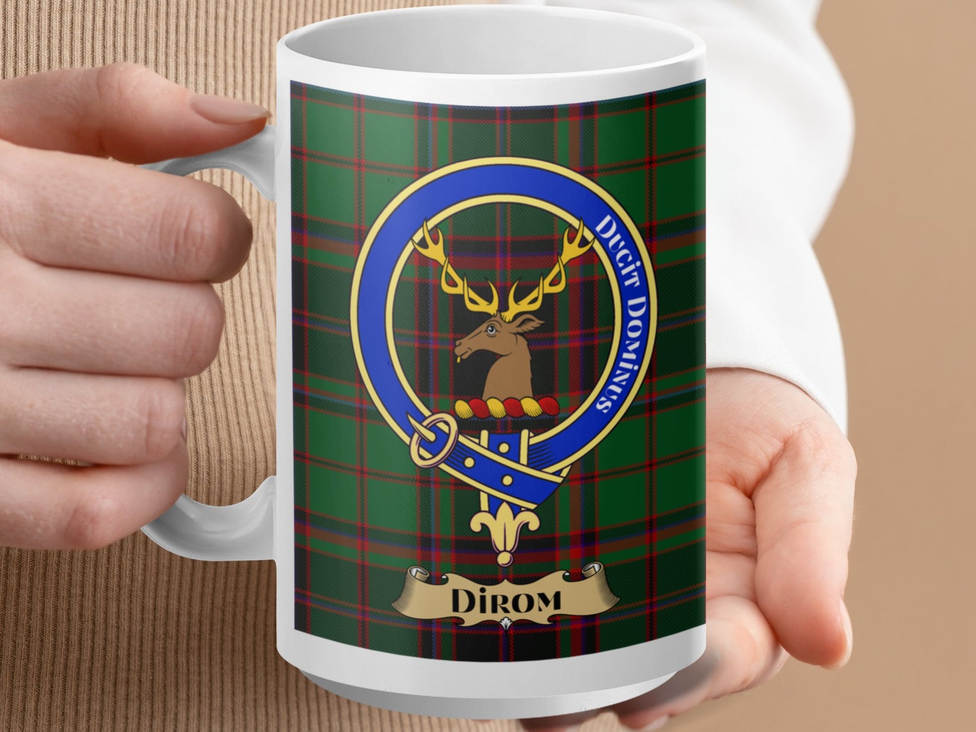 Clan Fergusson Stag Crest Dirom Plaid Pattern Mug - Living Stone Gifts