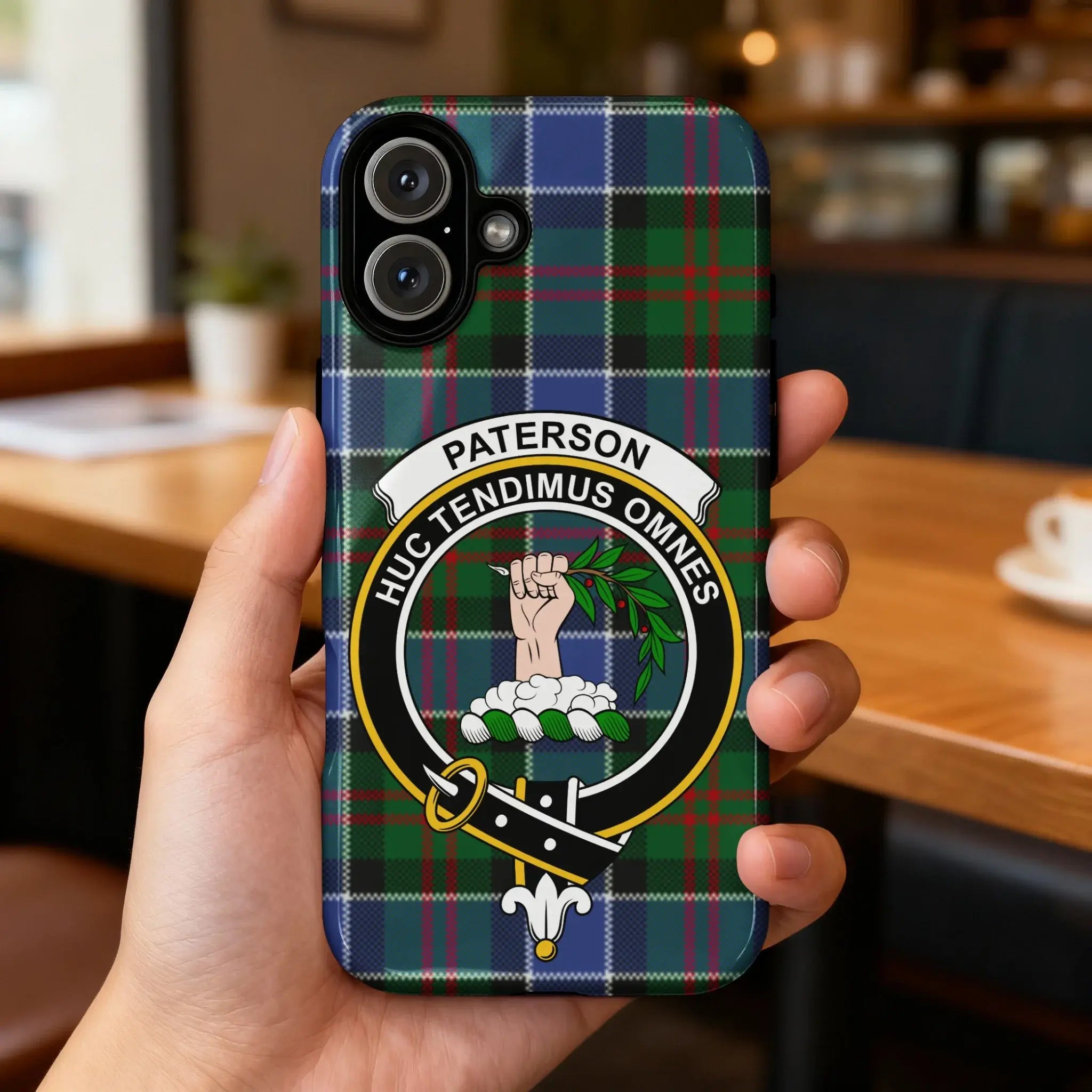 Clan Paterson Huc Tendimus Omnes tartan case on iPhone — precise port cutouts, UV-resistant