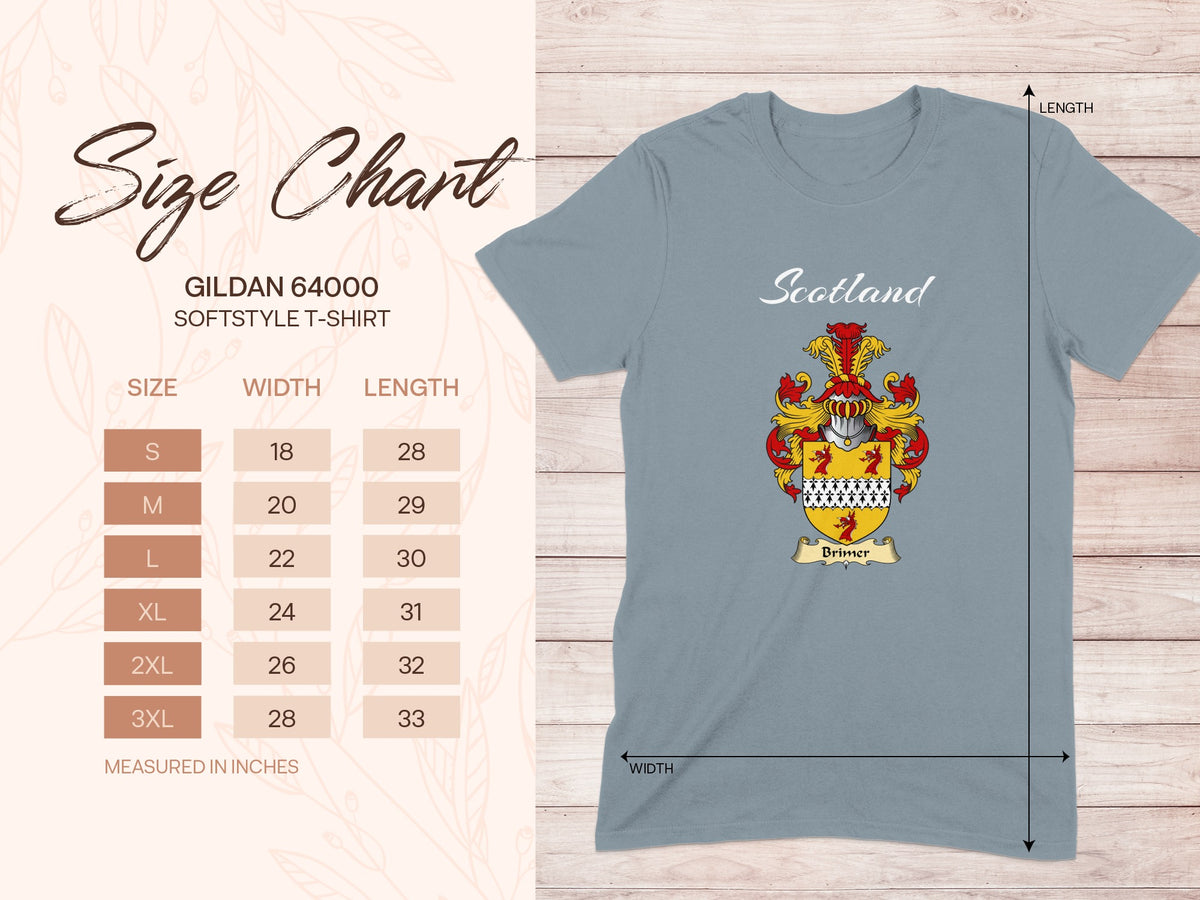 Gildan 64000 size chart for Brimer Scottish family shield T-shirt