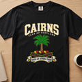 Cairns clan crest with green palm tree on a black Comfort Colors T-shirt, front view