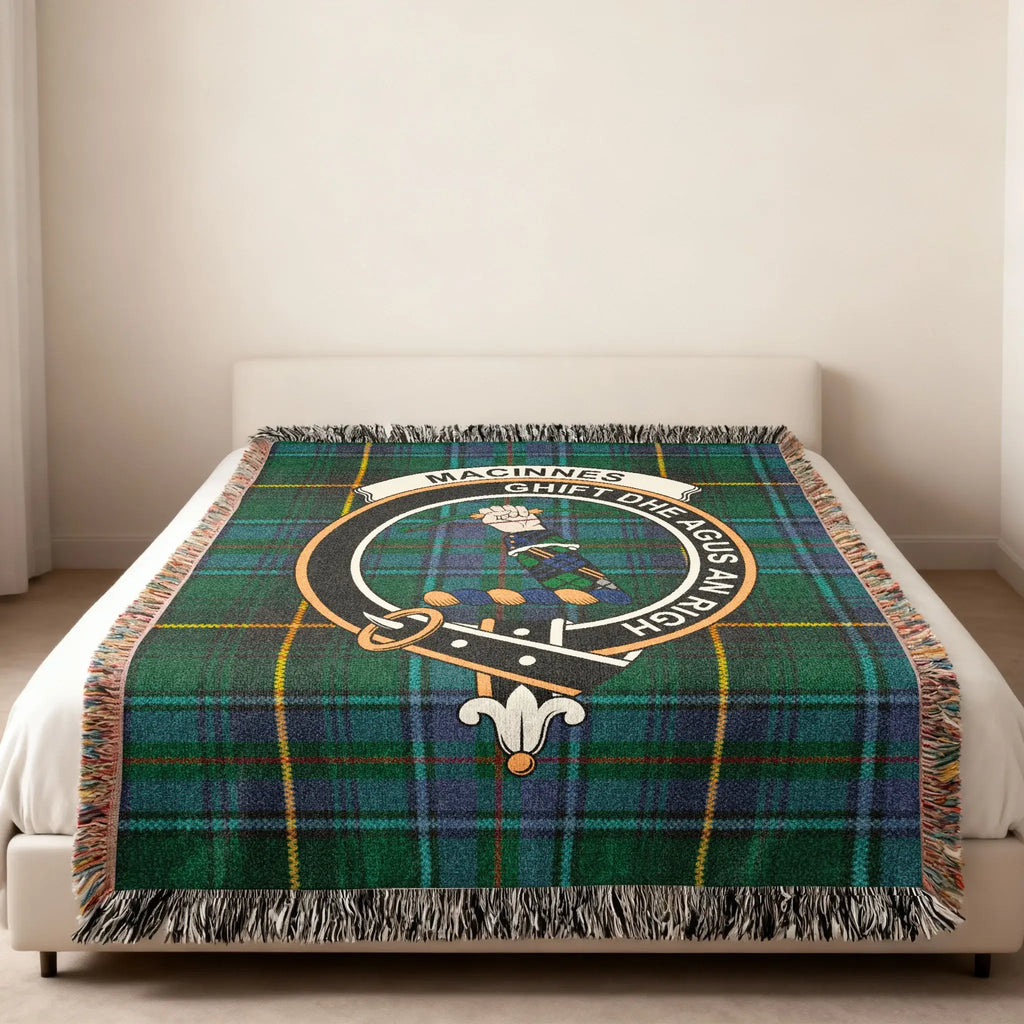 MacInnes clan tartan woven throw blanket — heirloom cotton crest and fringe edge detail
