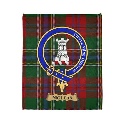 McLean tartan blanket with a castle and blue ring emblem.