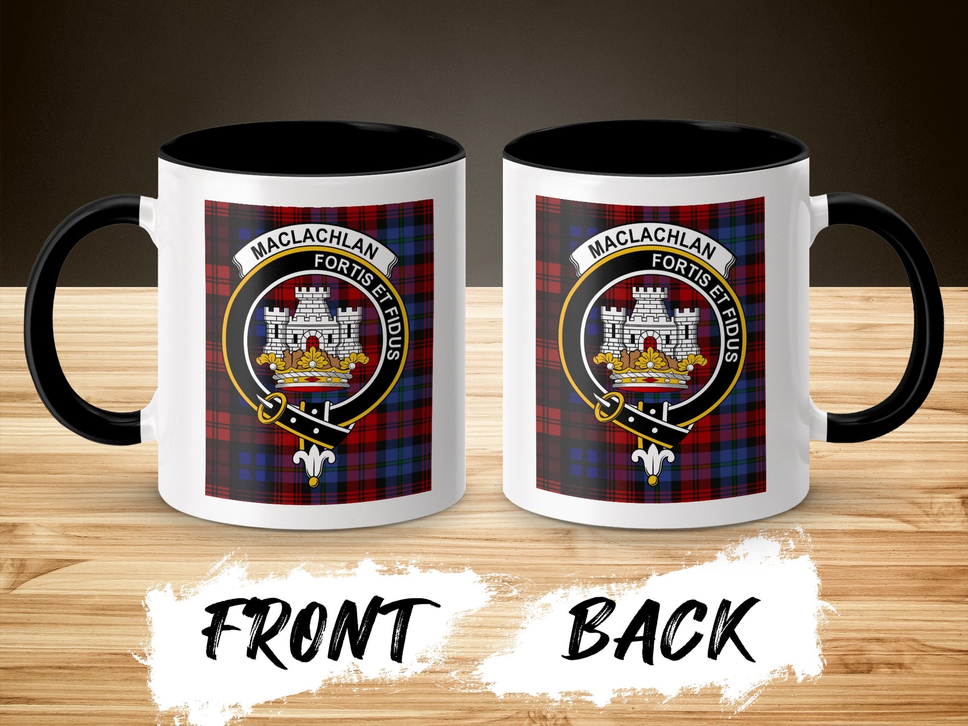 Two mugs showing Maclachlan tartan crest on front and back.