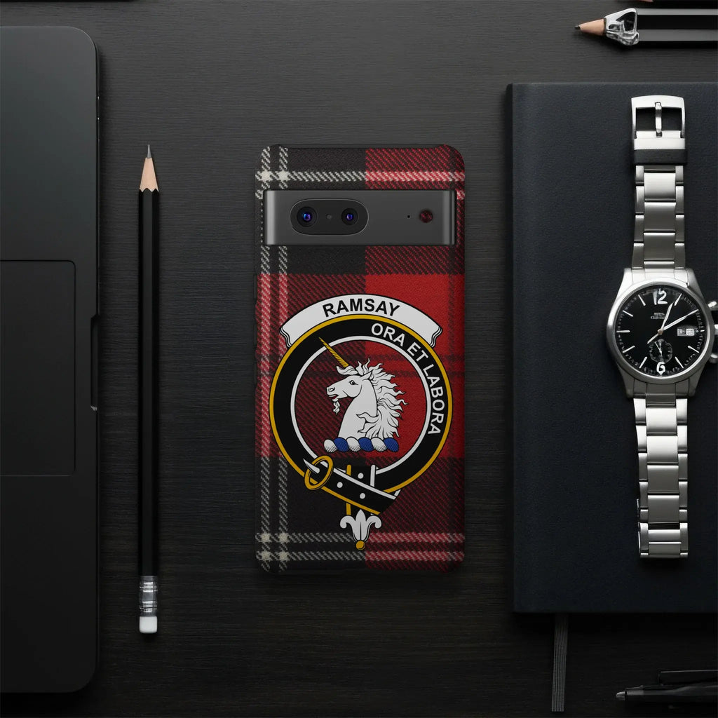 Ramsay crest phone case — slim dual-layer profile, Google Pixel shown