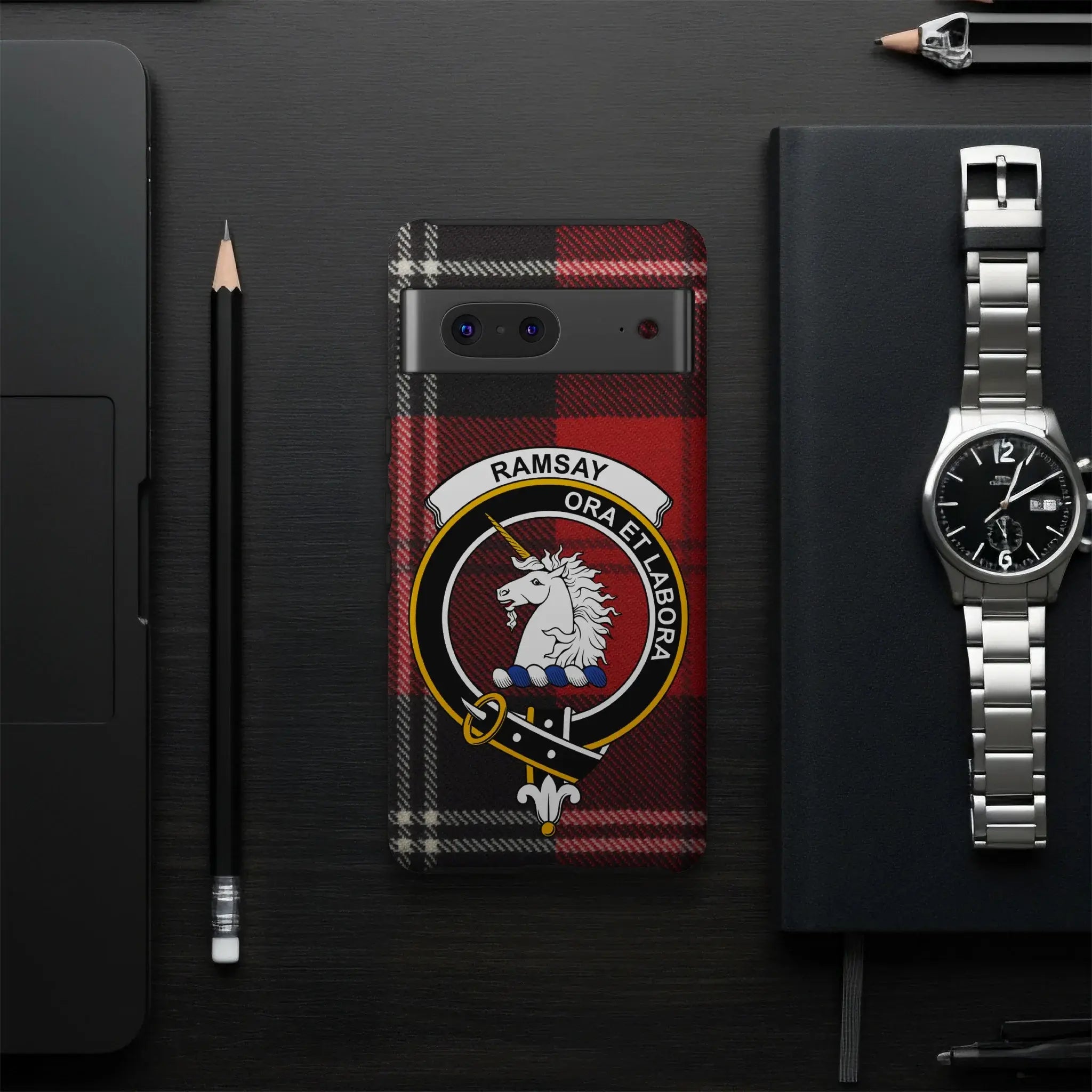 Ramsay crest phone case — slim dual-layer profile, Google Pixel shown
