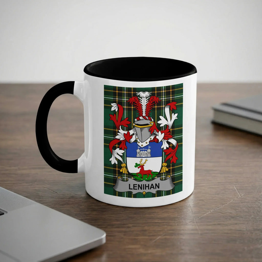 Lenihan Irish heritage mug with black handle and family crest