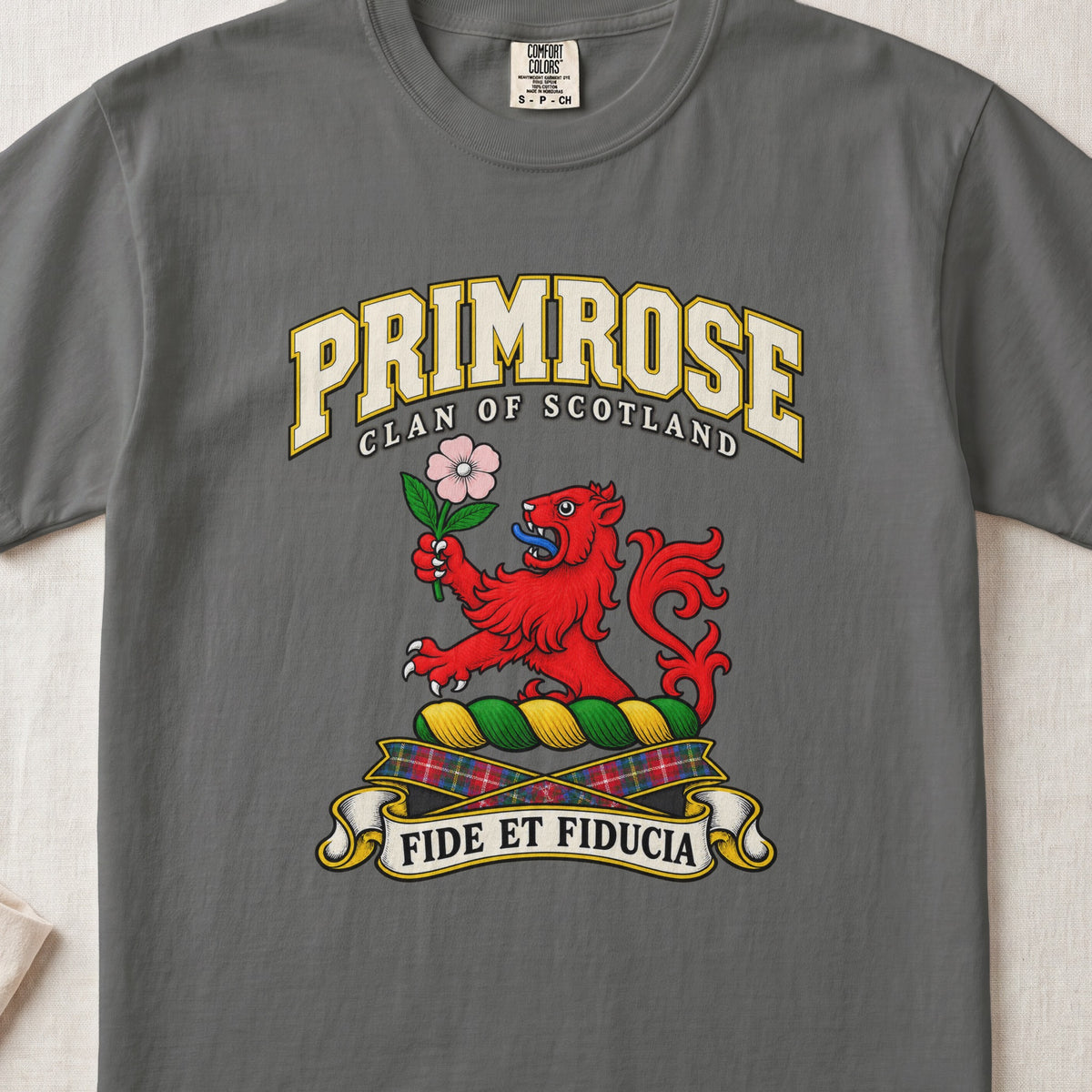 Primrose Scottish clan T-shirt in Pepper, front view with a red lion holding a pink flower and motto design.