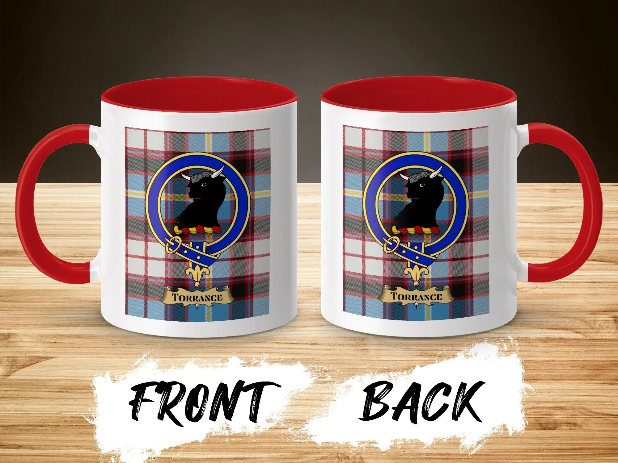 Torrance tartan-background crest mug shown as a Scottish heritage gift