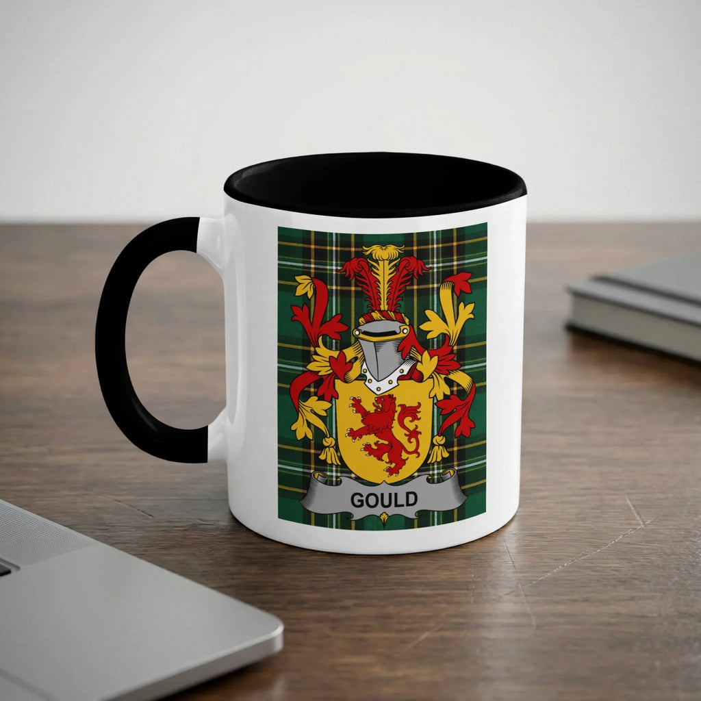 Gould family crest on a white mug with a black rim and handle.